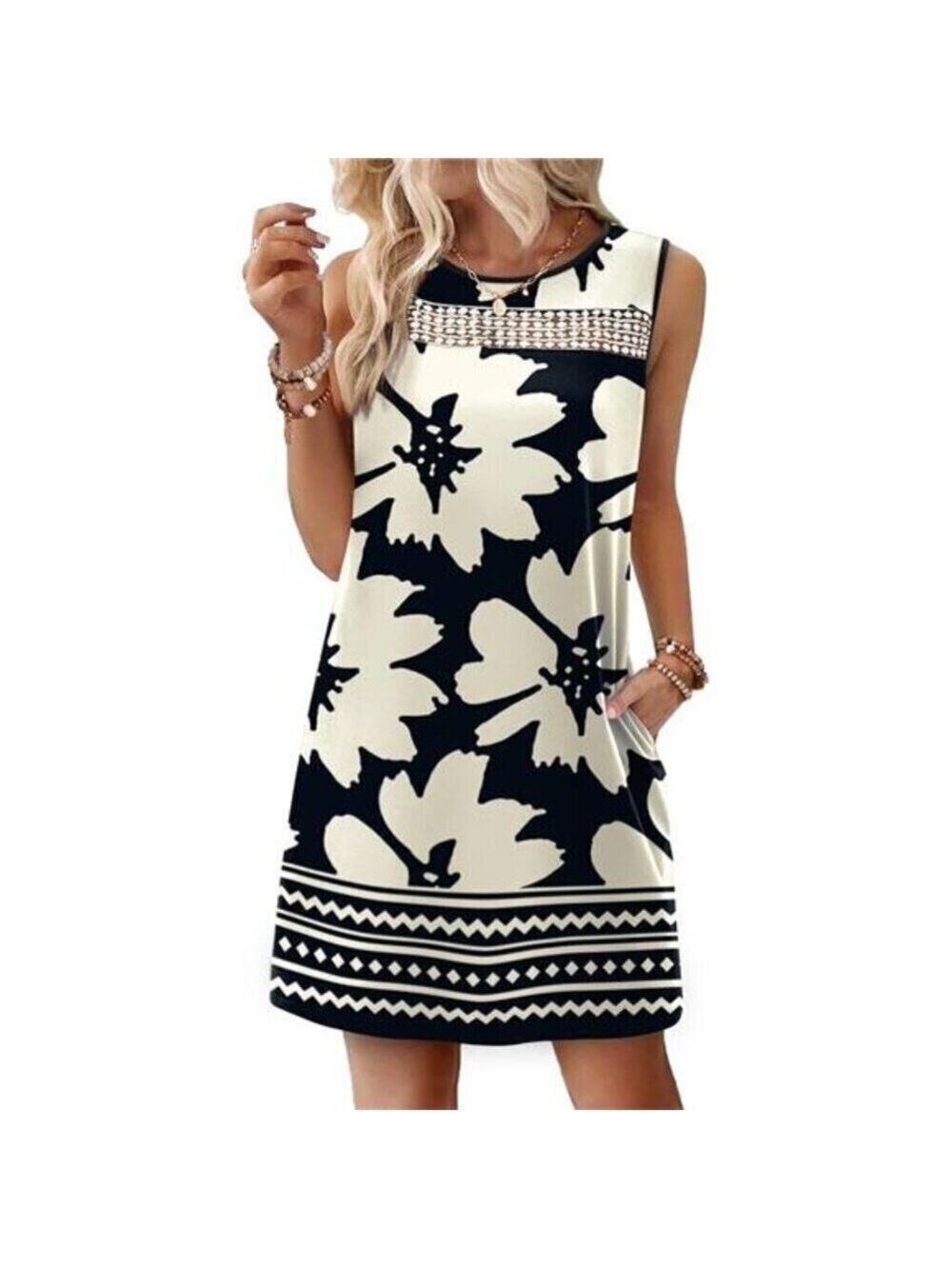 Women’s Black & White Lace Tank Dress Sleeveless Loose Fit Dress with Pockets